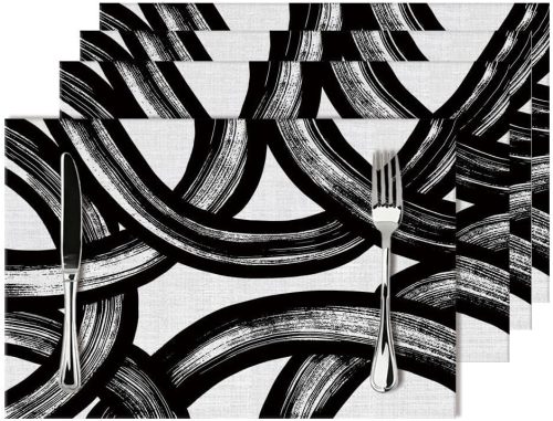 and White Curve Patterned Linen Placemats Set of 4 Washable Non-Slip Heat-Resistant
