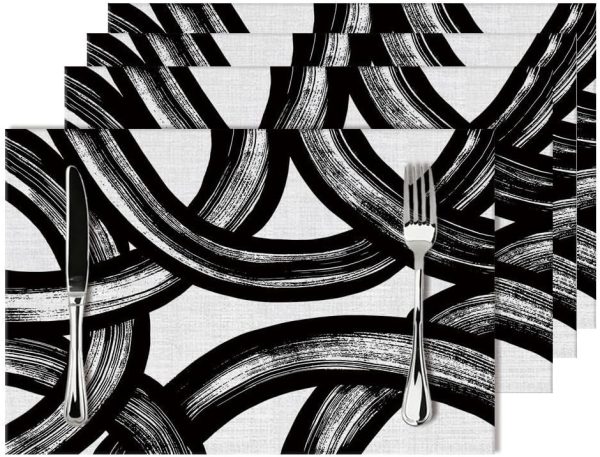 and White Curve Patterned Linen Placemats Set of 4 Washable Non-Slip Heat-Resistant