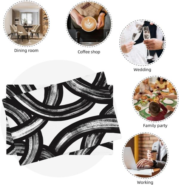and White Curve Patterned Linen Placemats Set of 4 Washable Non-Slip Heat-Resistant