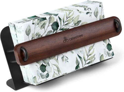 Towel Holder Tray for Bathroom Countertop, Black Iron and Walnut Wood Organizer