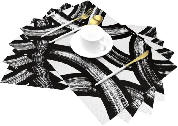 and White Curve Patterned Linen Placemats Set of 4 Washable Non-Slip Heat-Resistant