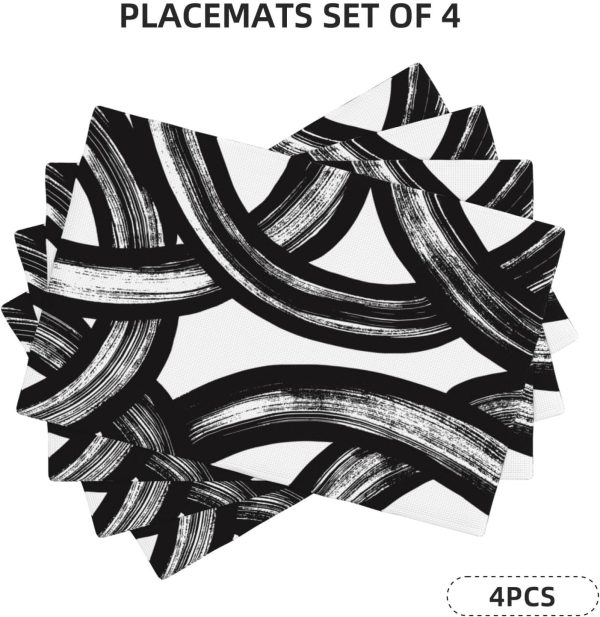 and White Curve Patterned Linen Placemats Set of 4 Washable Non-Slip Heat-Resistant