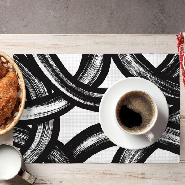 and White Curve Patterned Linen Placemats Set of 4 Washable Non-Slip Heat-Resistant