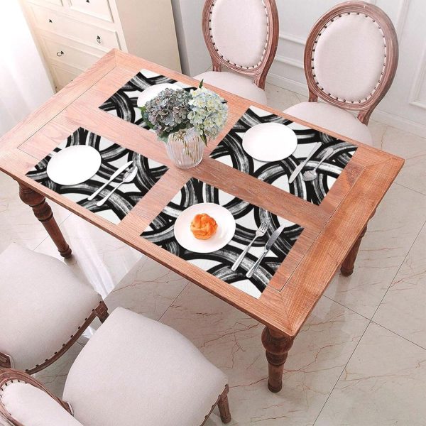 and White Curve Patterned Linen Placemats Set of 4 Washable Non-Slip Heat-Resistant