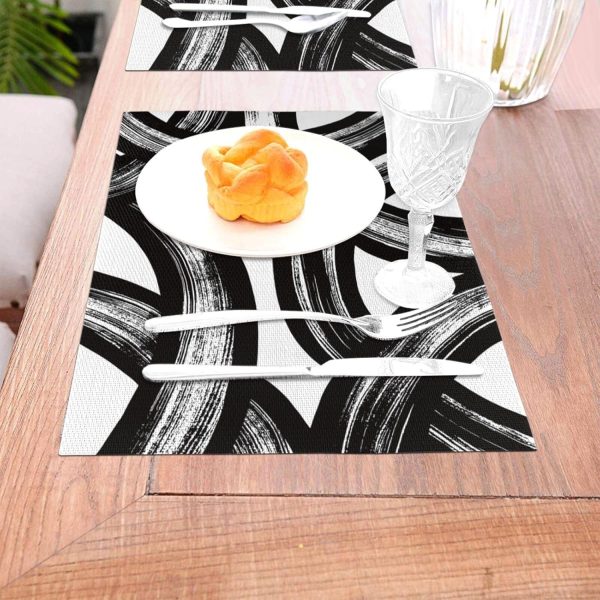 and White Curve Patterned Linen Placemats Set of 4 Washable Non-Slip Heat-Resistant