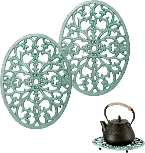 Pack Cast Iron Trivets, Green Oval Trivet 9.6"x7.3", Heat Resistant Metal Trivets